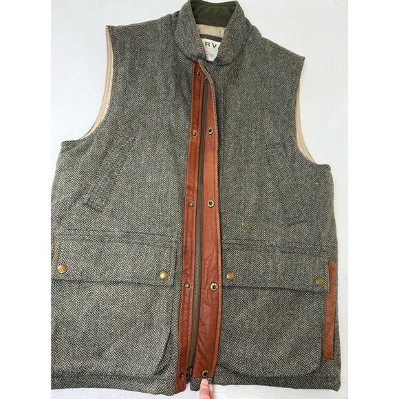 ORVIS Wool Sz M Field Vest Herringbone Tweed Leather Lined Insulated Outdoor - Picture 7 of 9